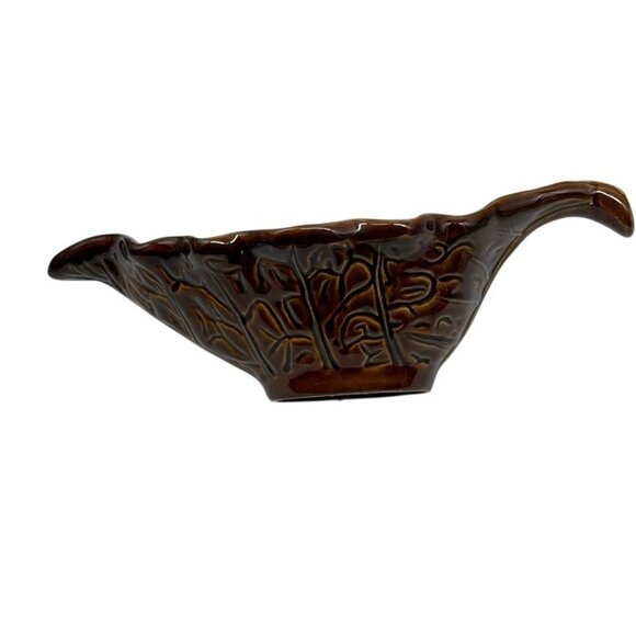 Over And Back Outfitters Stoneware Gravy Boat Glazed Brown White Leaf Ceramic - Picture 5 of 7
